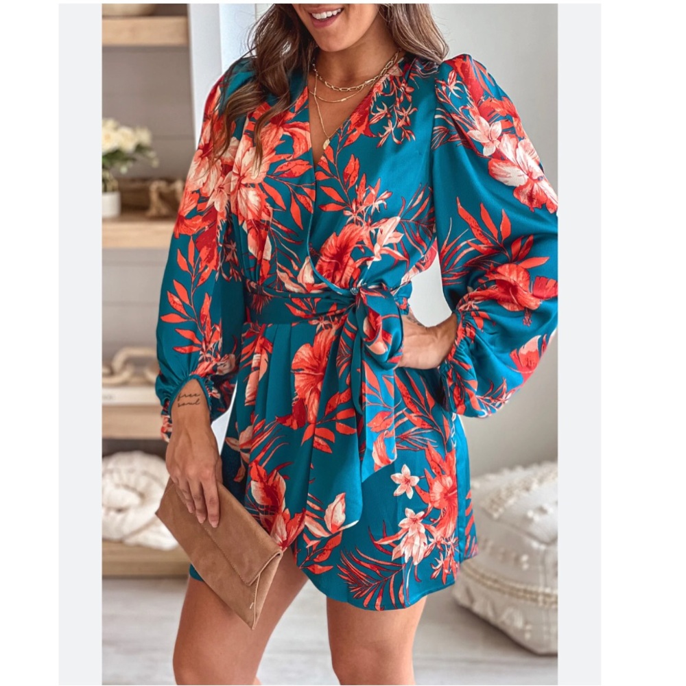 Sweet Lemon TEAL FLORAL SATIN WRAP SHORT DRESS Medium